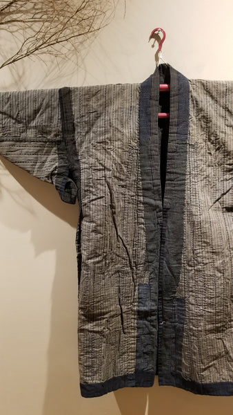 Vintage Reversible Sashiko Shima Long Noragi size XL
