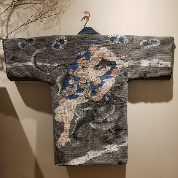 Antique Edo Meiji Era Samurai & Ox Kabuki-Zu Sashiko Fireman's Hanten Jacket