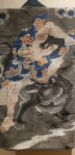 Antique Edo Meiji Era Samurai & Ox Kabuki-Zu Sashiko Fireman's Hanten Jacket