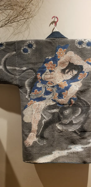 Antique Edo Meiji Era Samurai & Ox Kabuki-Zu Sashiko Fireman's Hanten Jacket