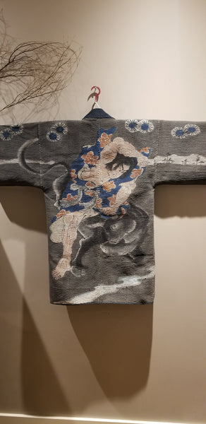 Antique Edo Meiji Era Samurai & Ox Kabuki-Zu Sashiko Fireman's Hanten Jacket
