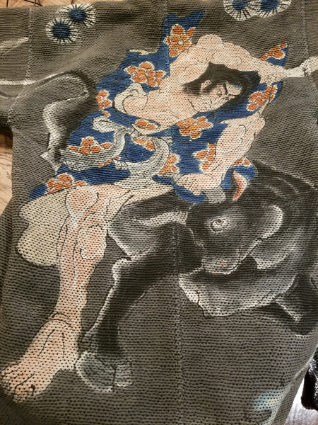 Antique Edo Meiji Era Samurai & Ox Kabuki-Zu Sashiko Fireman's Hanten Jacket
