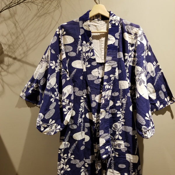 Vintage Blue Leaves Pattern Kimono