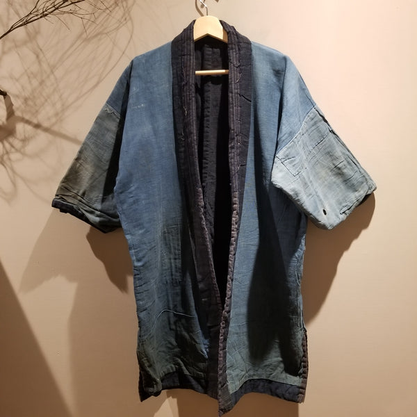 Vintage Aizome Indigo Boro Shima Reversible Farmer's Noragi