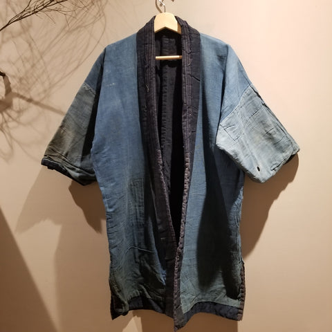 Vintage Aizome Indigo Boro Shima Reversible Farmer's Noragi