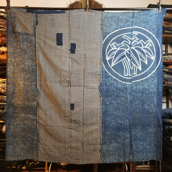 Vintage Katazome Kamon Indigo Boro Patchwork Fabric 151 x 151cm