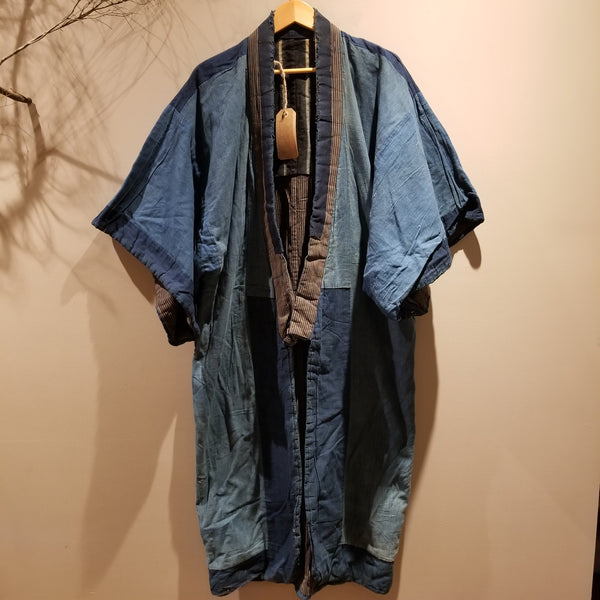 Vintage Long Reversible Indigo Shima Noragi Kimono