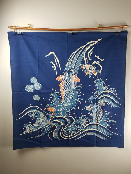Indigo Koi & Waves fabric Wall Art 105x105cm