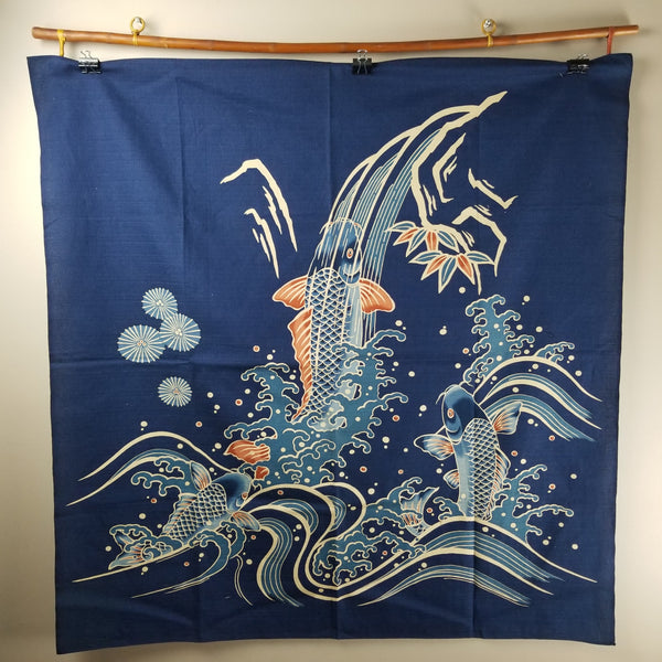 Indigo Koi & Waves fabric Wall Art 105x105cm