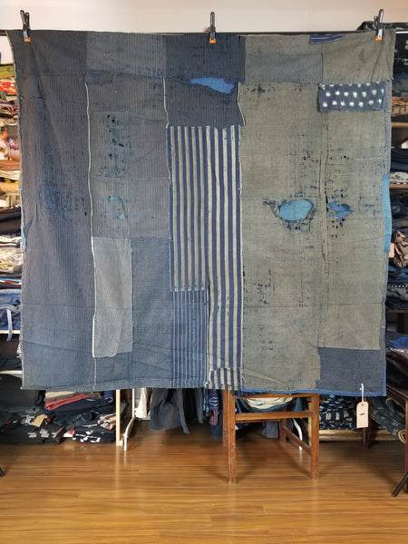 Vintage Aizome Indigo Shima Patchwork Fabric Futon Cover 161 x 152cm