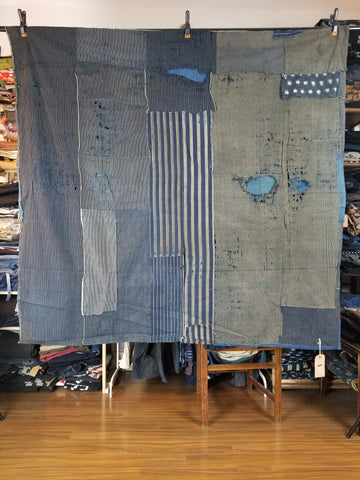 Vintage Aizome Indigo Shima Patchwork Fabric Futon Cover 161 x 152cm
