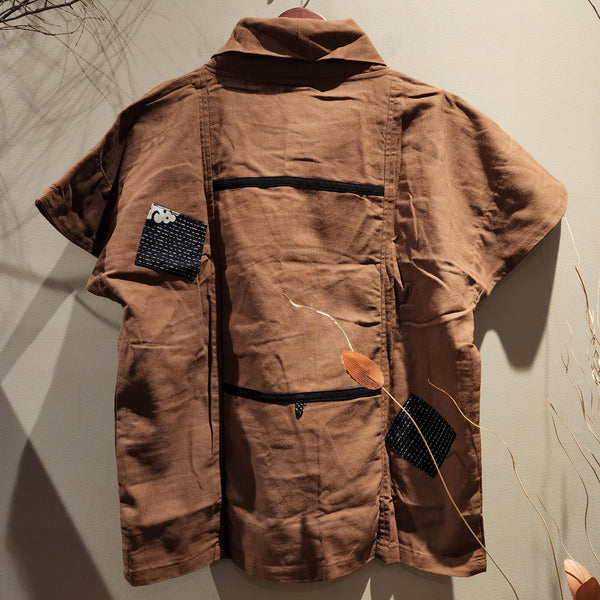 Brown Samurai Kamon Patchwork Top