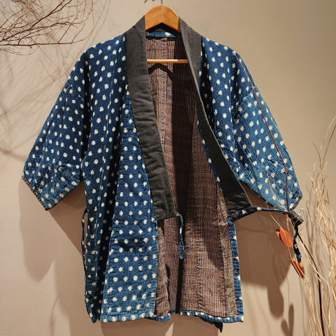 Vintage Indigo Full Sashiko Kasuri Farmer's Noragi