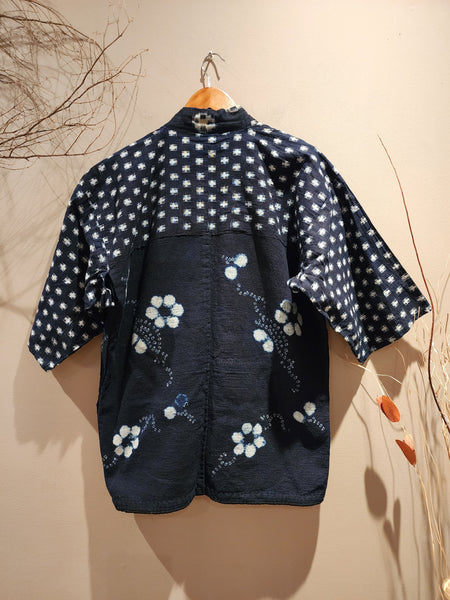 Vintage Indigo Full Sashiko Shibori Kasuri Ikat Farmer's Noragi