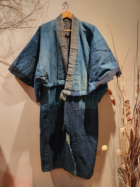 Vintage Boro Long Reversible Indigo Aizome Winter Noragi Kimono