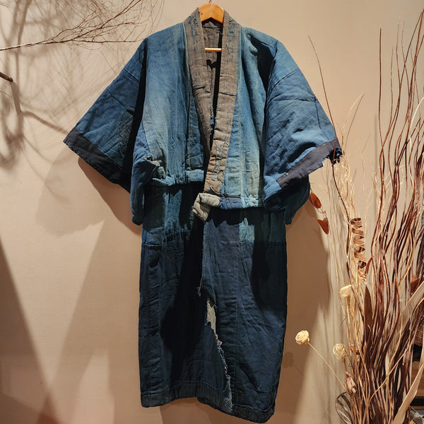 Vintage Boro Long Reversible Indigo Aizome Winter Noragi Kimono