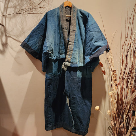 Vintage Boro Long Reversible Indigo Aizome Winter Noragi Kimono