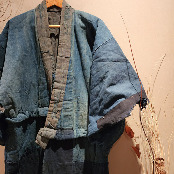 Vintage Boro Long Reversible Indigo Aizome Winter Noragi Kimono