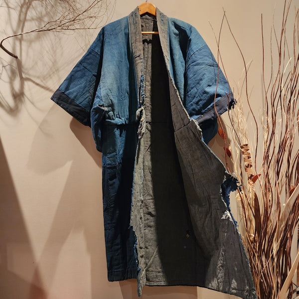 Vintage Boro Long Reversible Indigo Aizome Winter Noragi Kimono