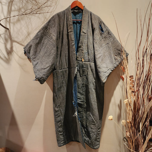 Vintage Boro Long Reversible Indigo Aizome Winter Noragi Kimono