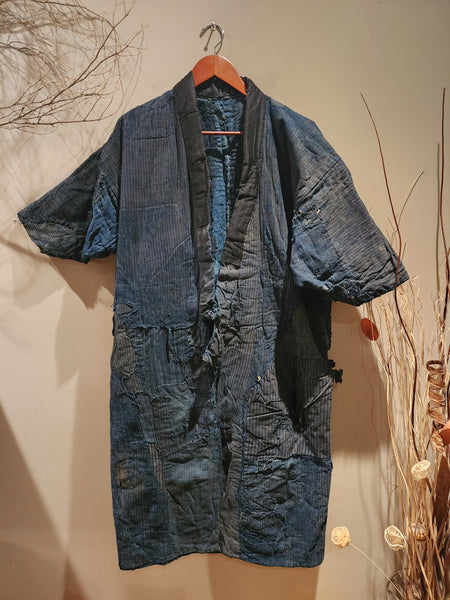 1900s Meiji Antique Patchwork Boro Long Reversible Aizome Winter Noragi