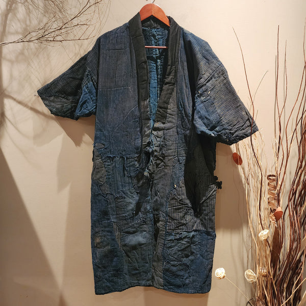 1900s Meiji Antique Patchwork Boro Long Reversible Aizome Winter Noragi