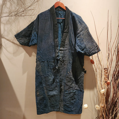 1900s Meiji Antique Patchwork Boro Long Reversible Aizome Winter Noragi