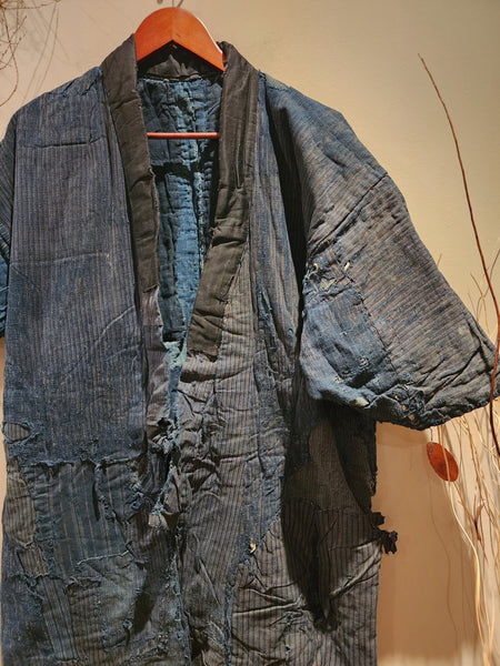 1900s Meiji Antique Patchwork Boro Long Reversible Aizome Winter Noragi