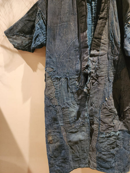 1900s Meiji Antique Patchwork Boro Long Reversible Aizome Winter Noragi