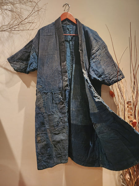 1900s Meiji Antique Patchwork Boro Long Reversible Aizome Winter Noragi