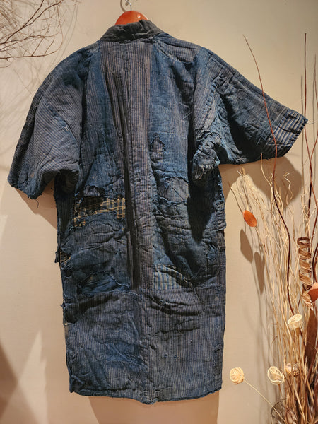 1900s Meiji Antique Patchwork Boro Long Reversible Aizome Winter Noragi