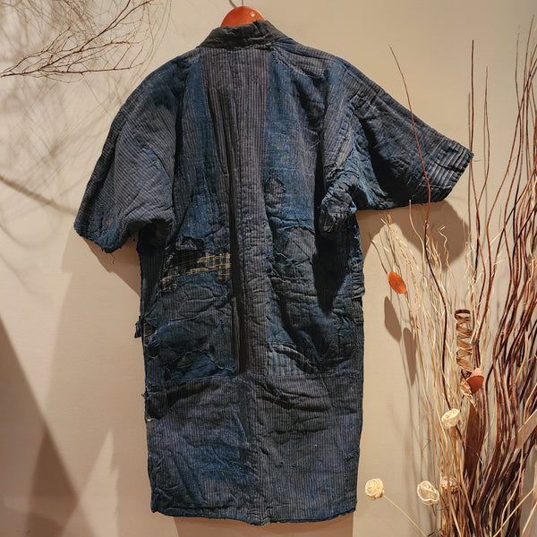 1900s Meiji Antique Patchwork Boro Long Reversible Aizome Winter Noragi