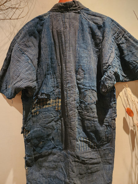 1900s Meiji Antique Patchwork Boro Long Reversible Aizome Winter Noragi