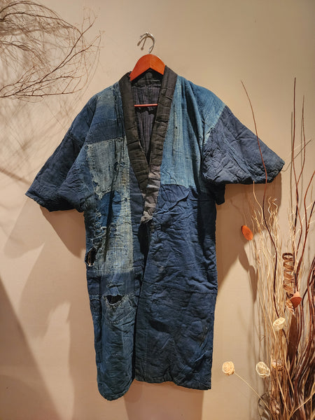 1900s Meiji Antique Patchwork Boro Long Reversible Aizome Winter Noragi