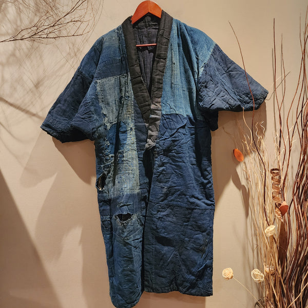 1900s Meiji Antique Patchwork Boro Long Reversible Aizome Winter Noragi