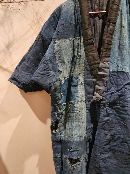 1900s Meiji Antique Patchwork Boro Long Reversible Aizome Winter Noragi