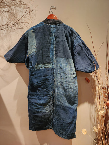 1900s Meiji Antique Patchwork Boro Long Reversible Aizome Winter Noragi