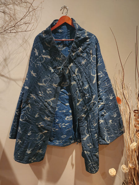 Vintage Indigo Aizome Kasuri Reversible Rain Cape Poncho