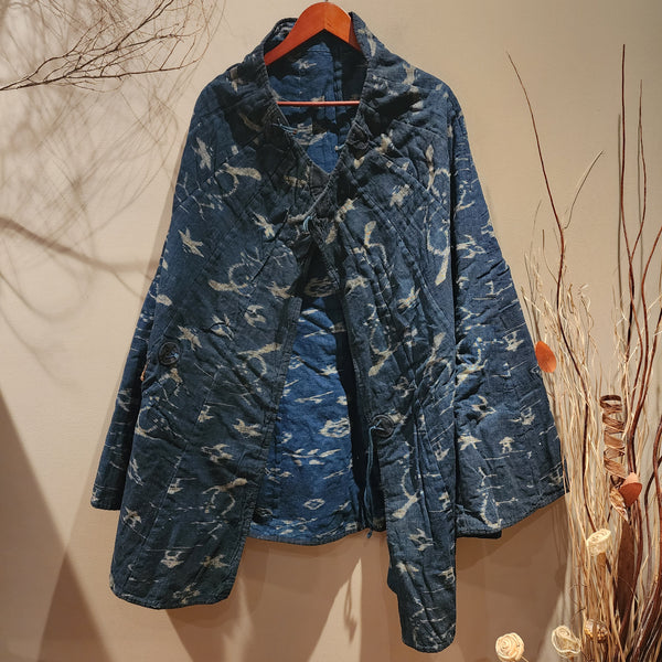 Vintage Indigo Aizome Kasuri Reversible Rain Cape Poncho