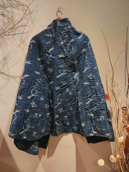 Vintage Indigo Aizome Kasuri Reversible Rain Cape Poncho