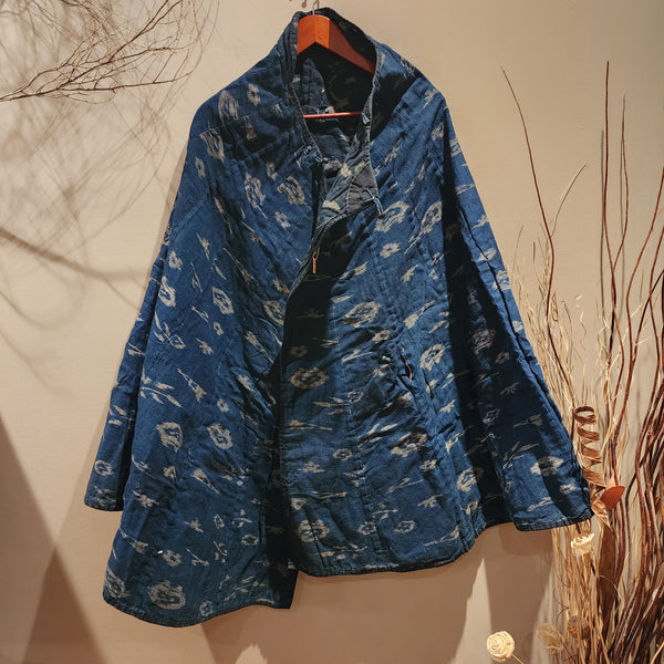 Vintage Indigo Aizome Kasuri Reversible Rain Cape Poncho