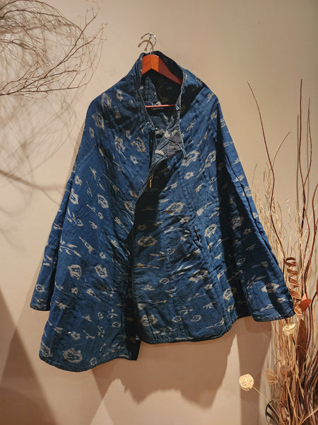 Vintage Indigo Aizome Kasuri Reversible Rain Cape Poncho