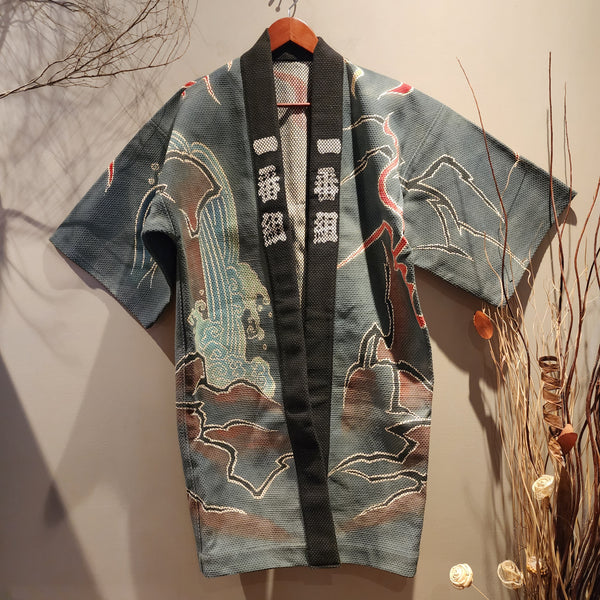 Showa Era Hikeshi Vintage Japanese Fireman Hanten XL with Buddha Sword Design