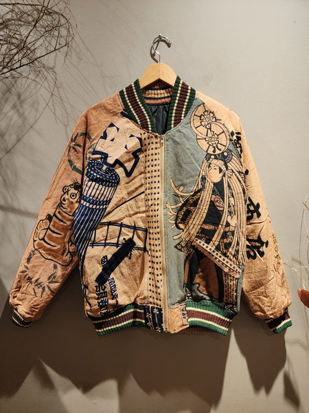 Retro Kakishibu Dyed Tenugui Patchwork Fireman's Hikeshi Tiger Sukajan Jacket