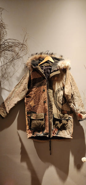 Retro Kakishibu Dyed Nobori Kamon Patchwork Sashiko Rustic Winter Hoodie Jacket