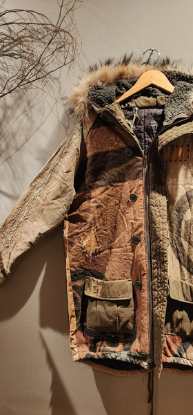 Retro Kakishibu Dyed Nobori Kamon Patchwork Sashiko Rustic Winter Hoodie Jacket