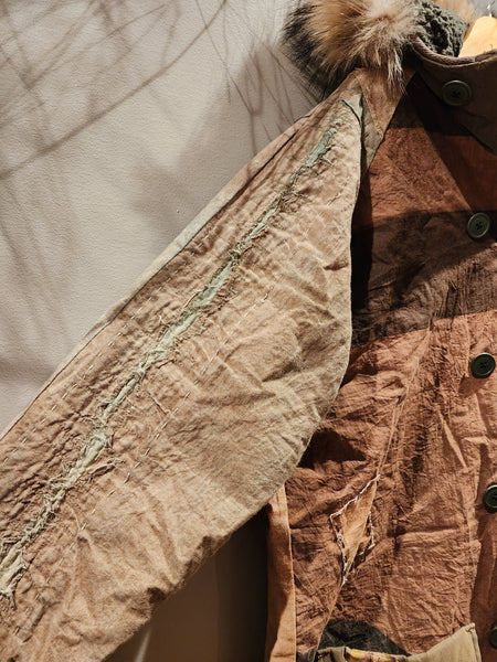 Retro Kakishibu Dyed Nobori Kamon Patchwork Sashiko Rustic Winter Hoodie Jacket