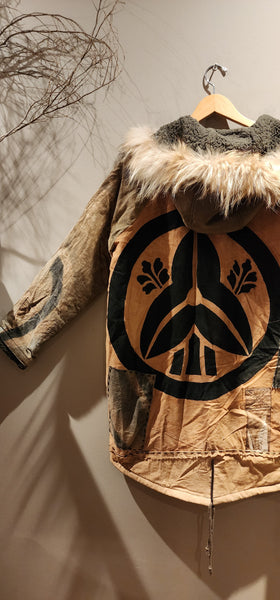 Retro Kakishibu Dyed Nobori Kamon Patchwork Sashiko Rustic Winter Hoodie Jacket