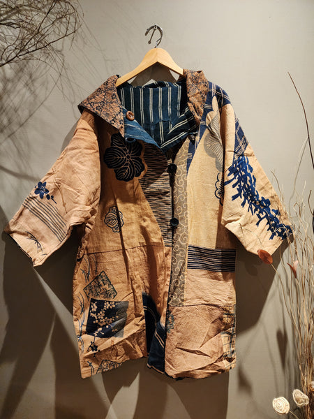 Retro Kakishibu Dyed Tenugui Patchwork Reversible Hoodie