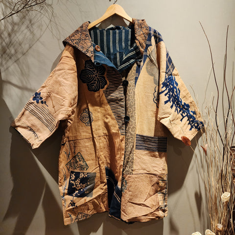 Retro Kakishibu Dyed Tenugui Patchwork Reversible Hoodie